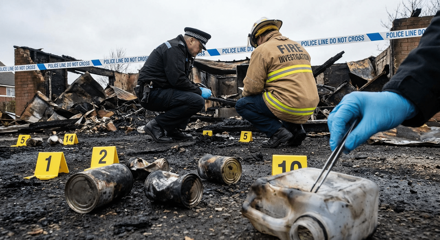 Enqueteurs de police et investigateur incendie sur une scene d incendie criminel avec marqueurs de preuves
