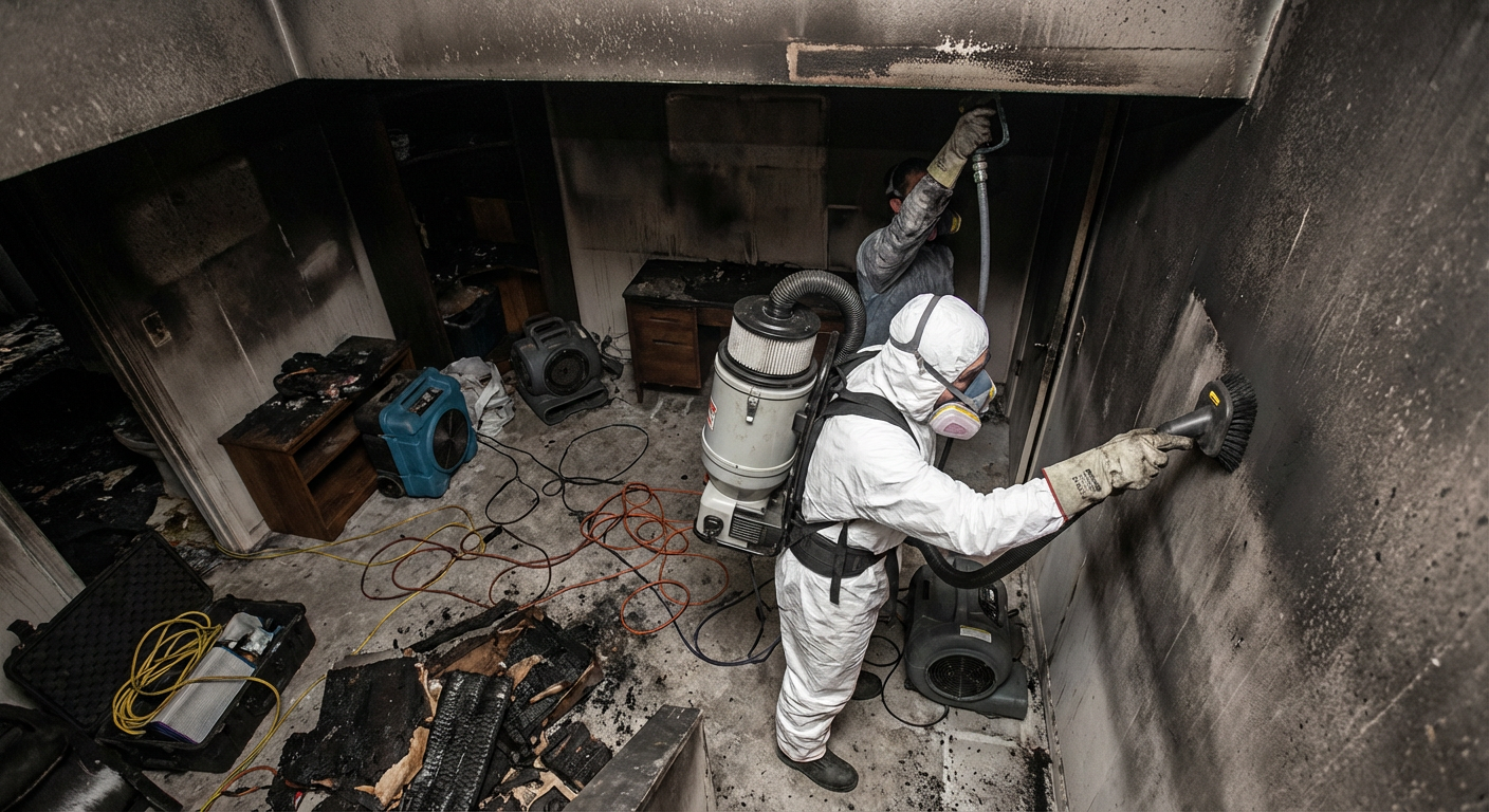 Specialiste en decontamination fumee avec masque respiratoire