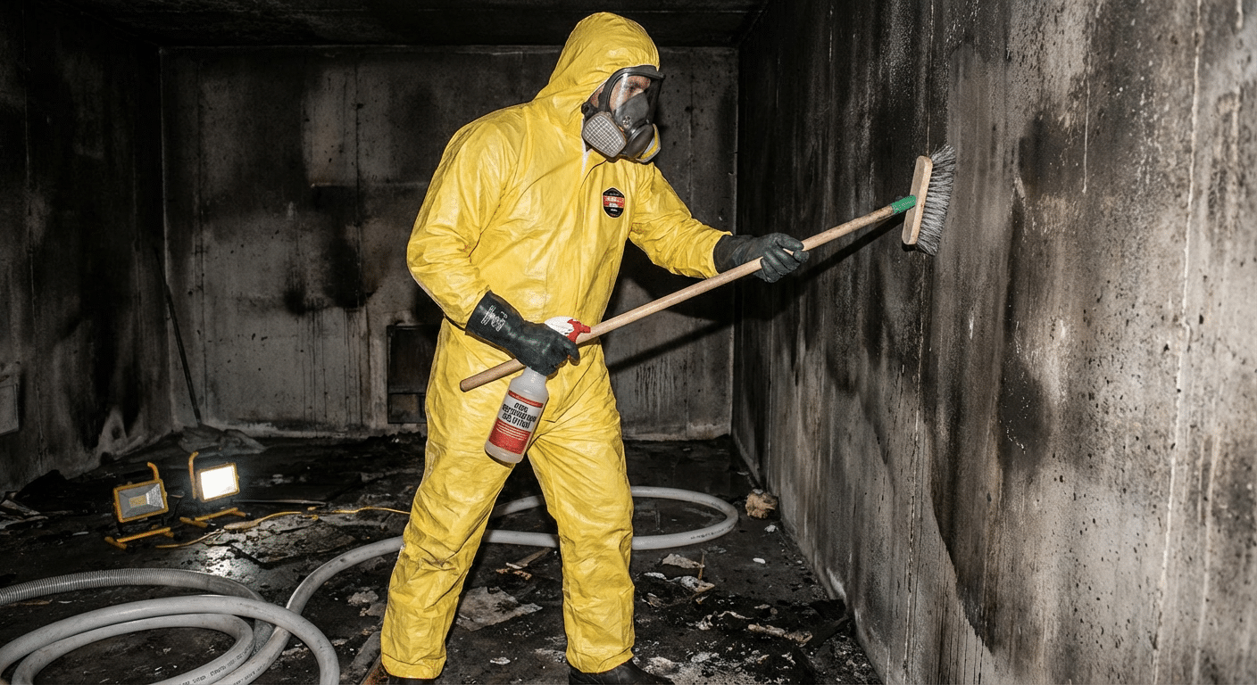 Technicien de décontamination nettoyant les murs après incendie