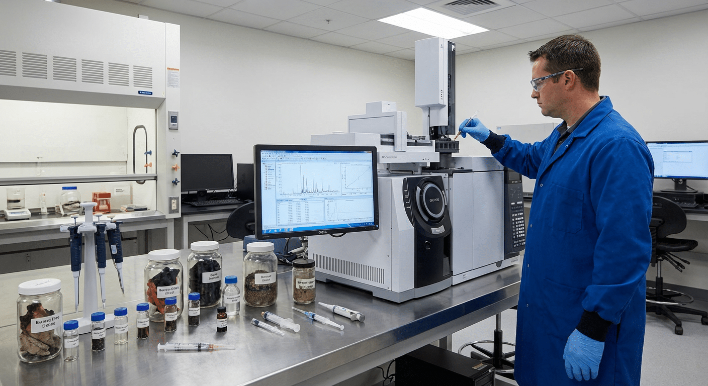 Technicien de laboratoire analysant des echantillons d incendie par chromatographie GC-MS