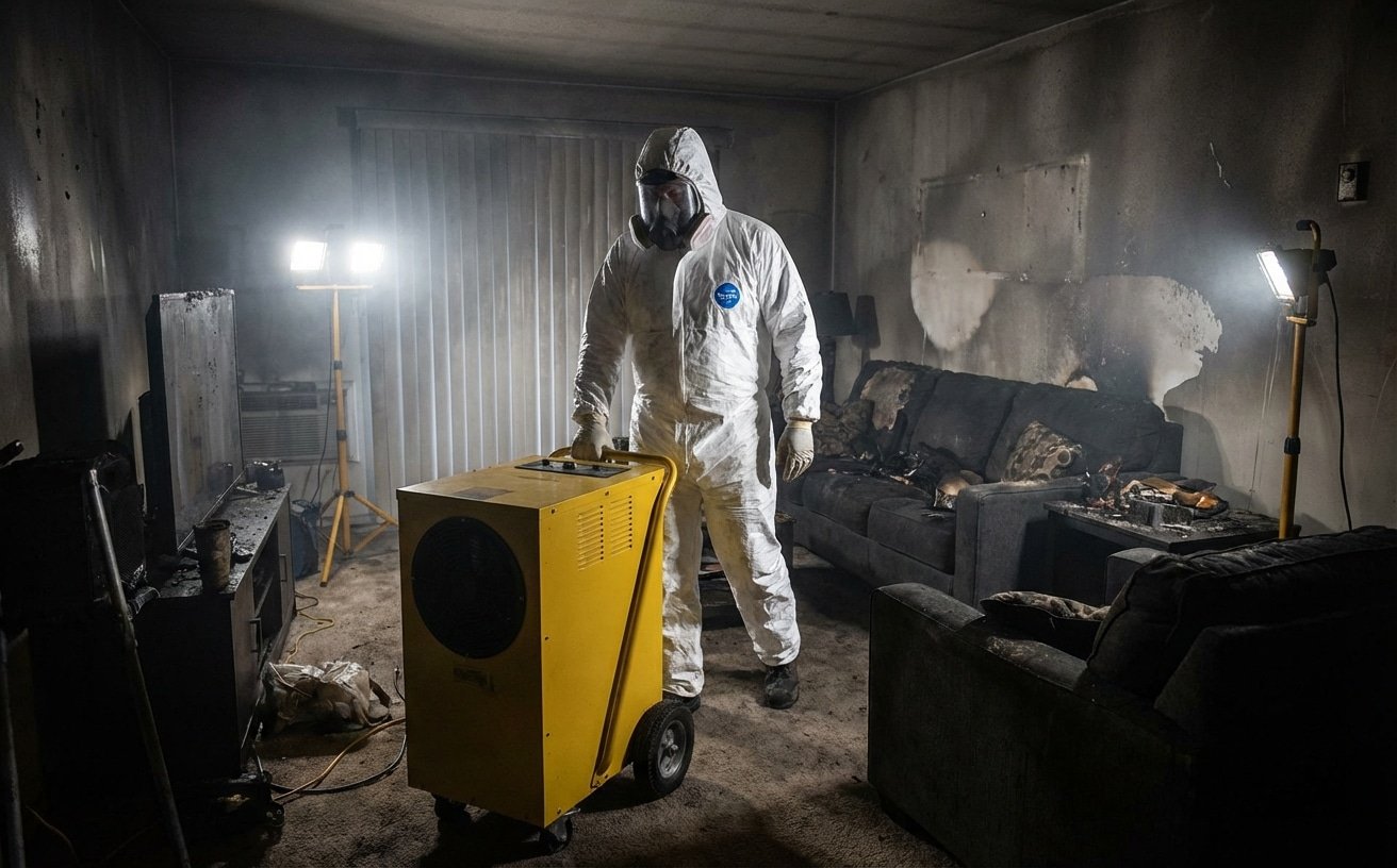 Technicien utilisant un générateur d ozone pour la désodorisation après incendie