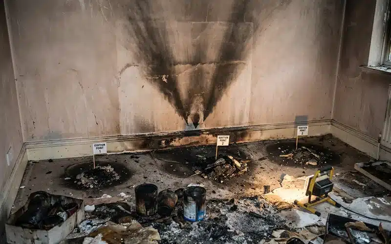 Traces de combustion en V revelant un depart de feu volontaire