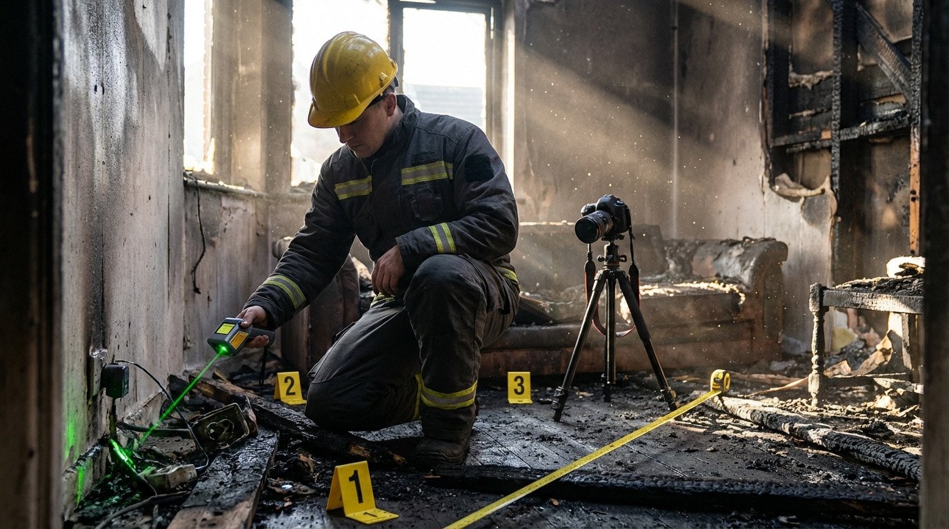 Un expert en tenue de protection examine une scène d'incendie avec un laser vert, entouré de marqueurs et d'une caméra.