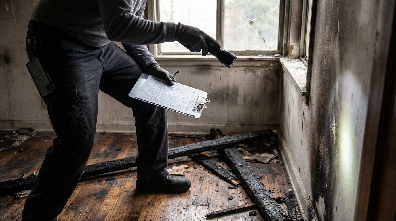 Un expert examine les dégâts d'un incendie dans une pièce sombre, avec une lampe de poche et un presse-papiers, près d'une fenêtre cassée et de débris calcinés.