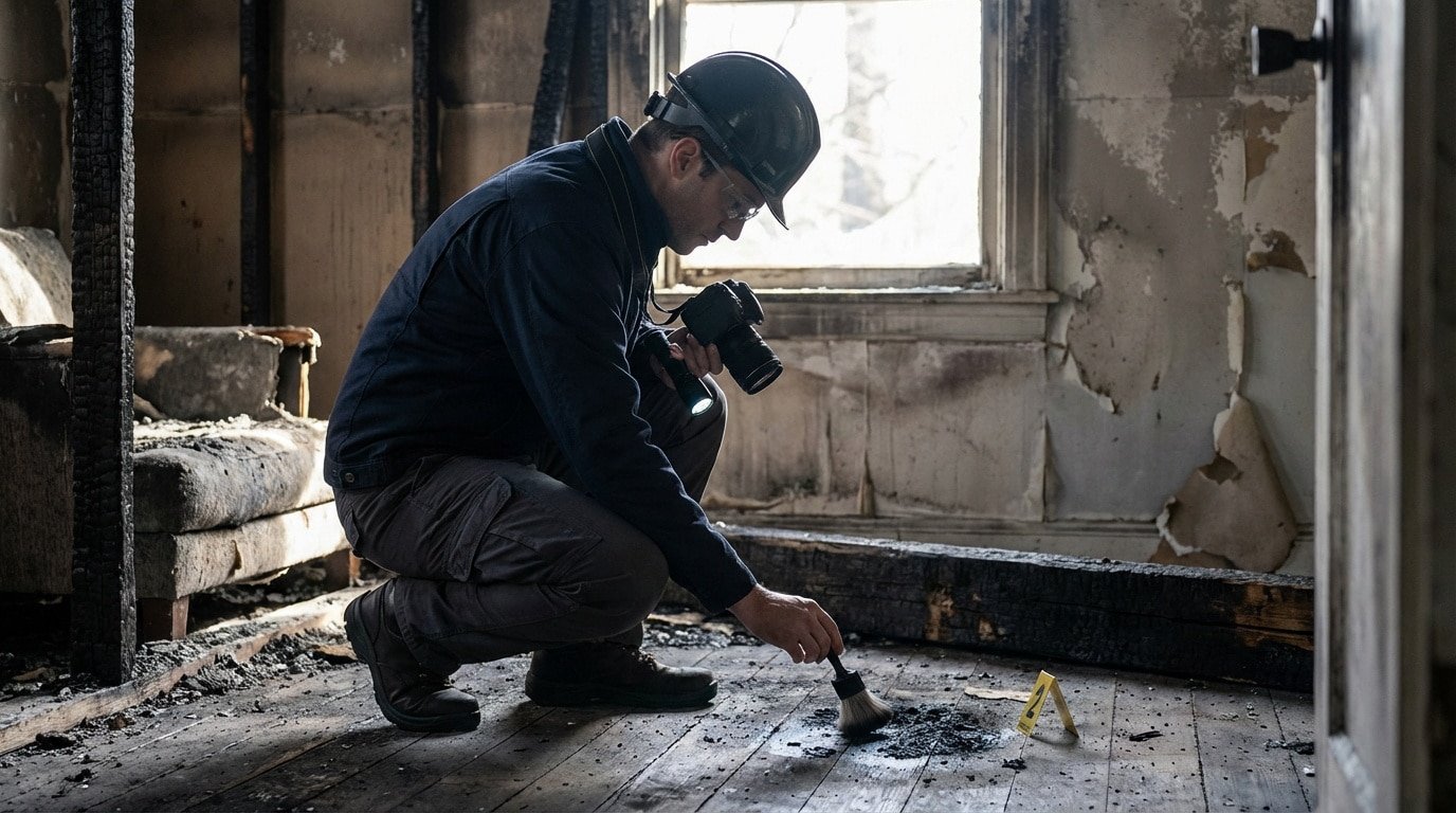 Un expert incendie avec casque et appareil photo examine au pinceau une zone calcinée sur le sol d'une pièce sinistrée.