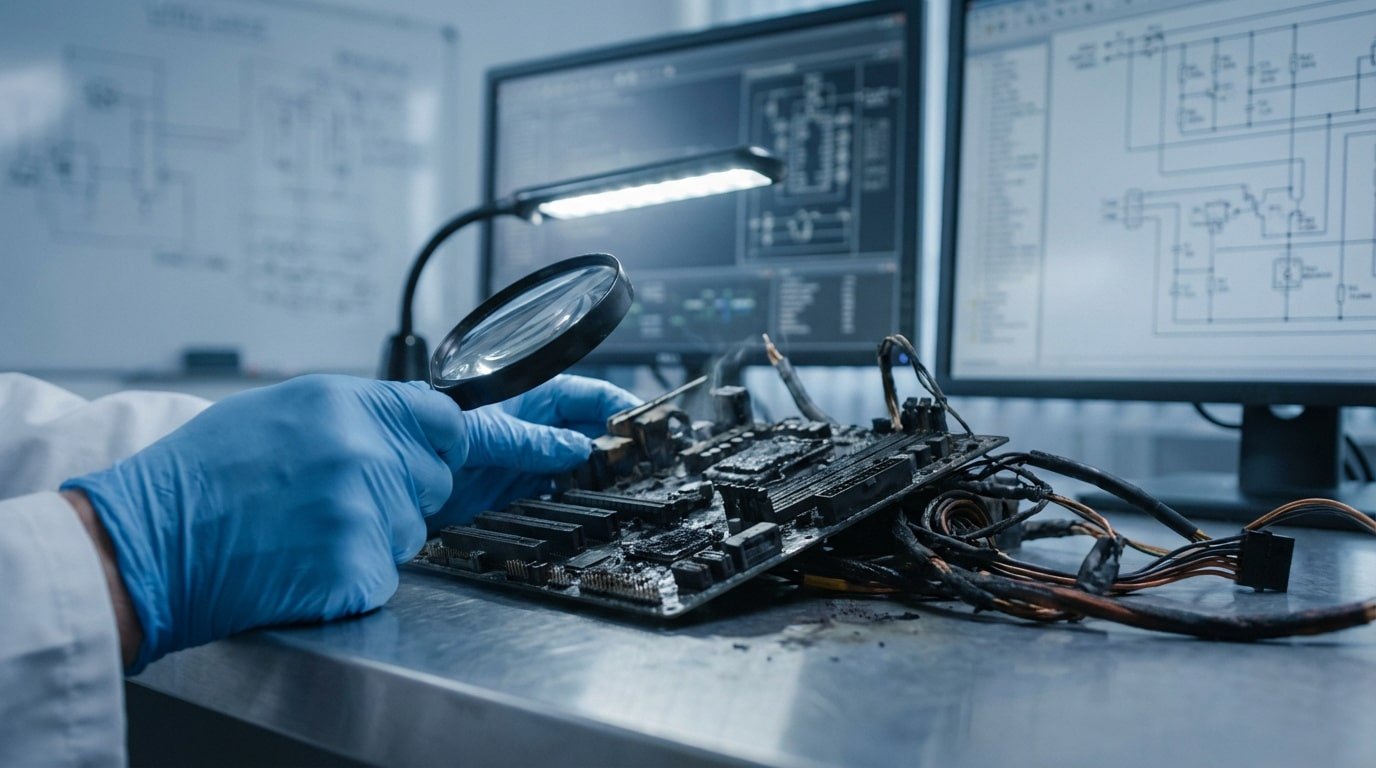 Une personne gantée examine une carte électronique brûlée avec une loupe, des schémas techniques affichés en arrière-plan.