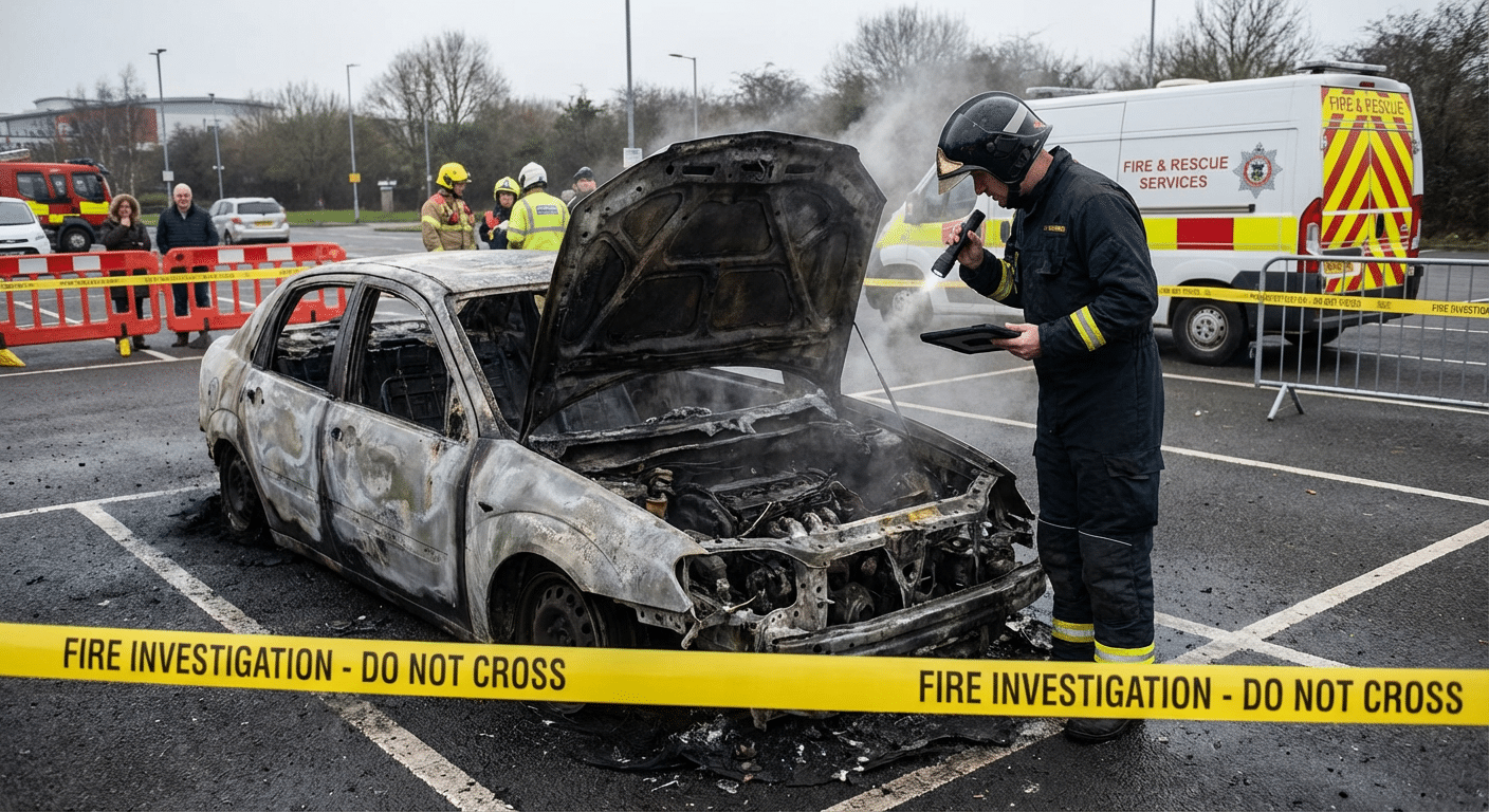 Voiture brulee examinee par expert incendie sur parking