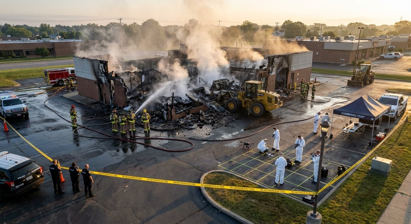 Vue aerienne d'une scene d'enquete incendie avec pompiers, police et experts