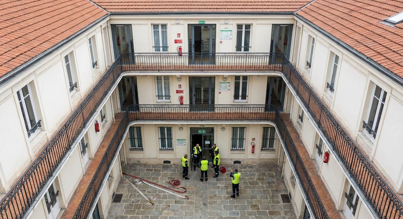 Vue aérienne d'une copropriété avec inspection sécurité incendie