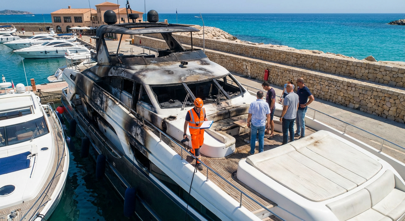 Yacht avec dommages incendie inspecte par expert maritime