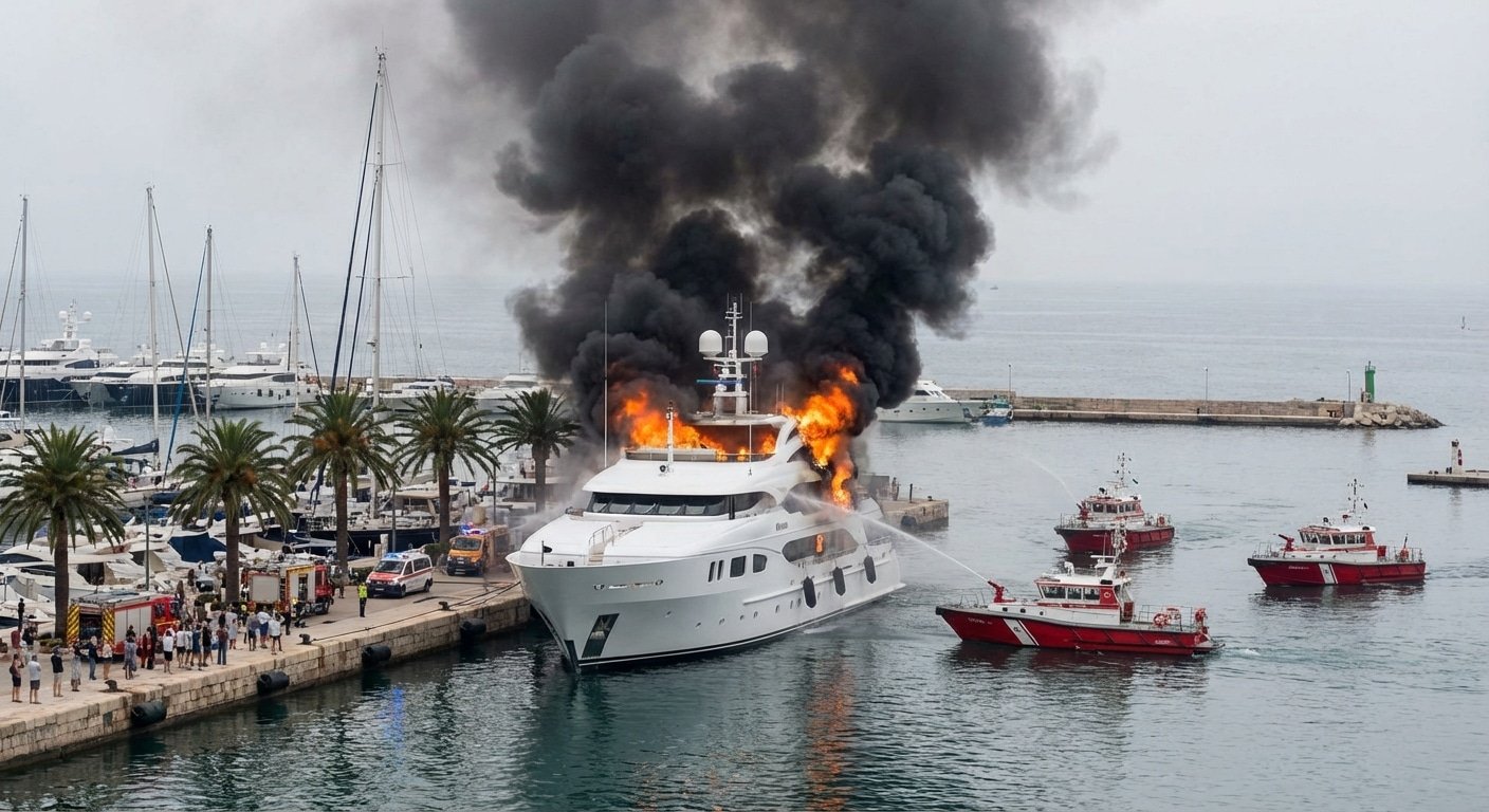 Yacht en feu dans un port méditerranéen