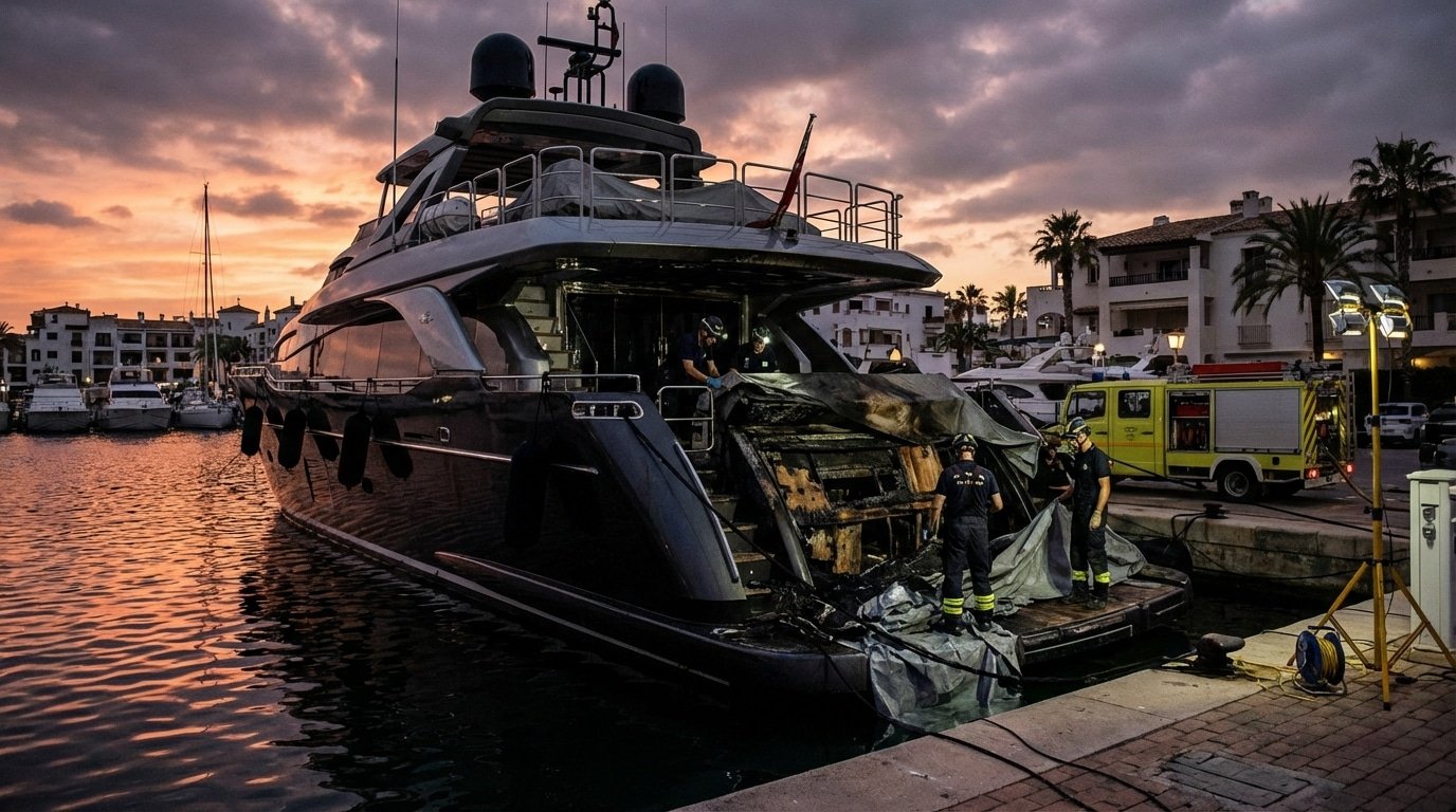 Yacht endommage par incendie en marina avec equipe investigation