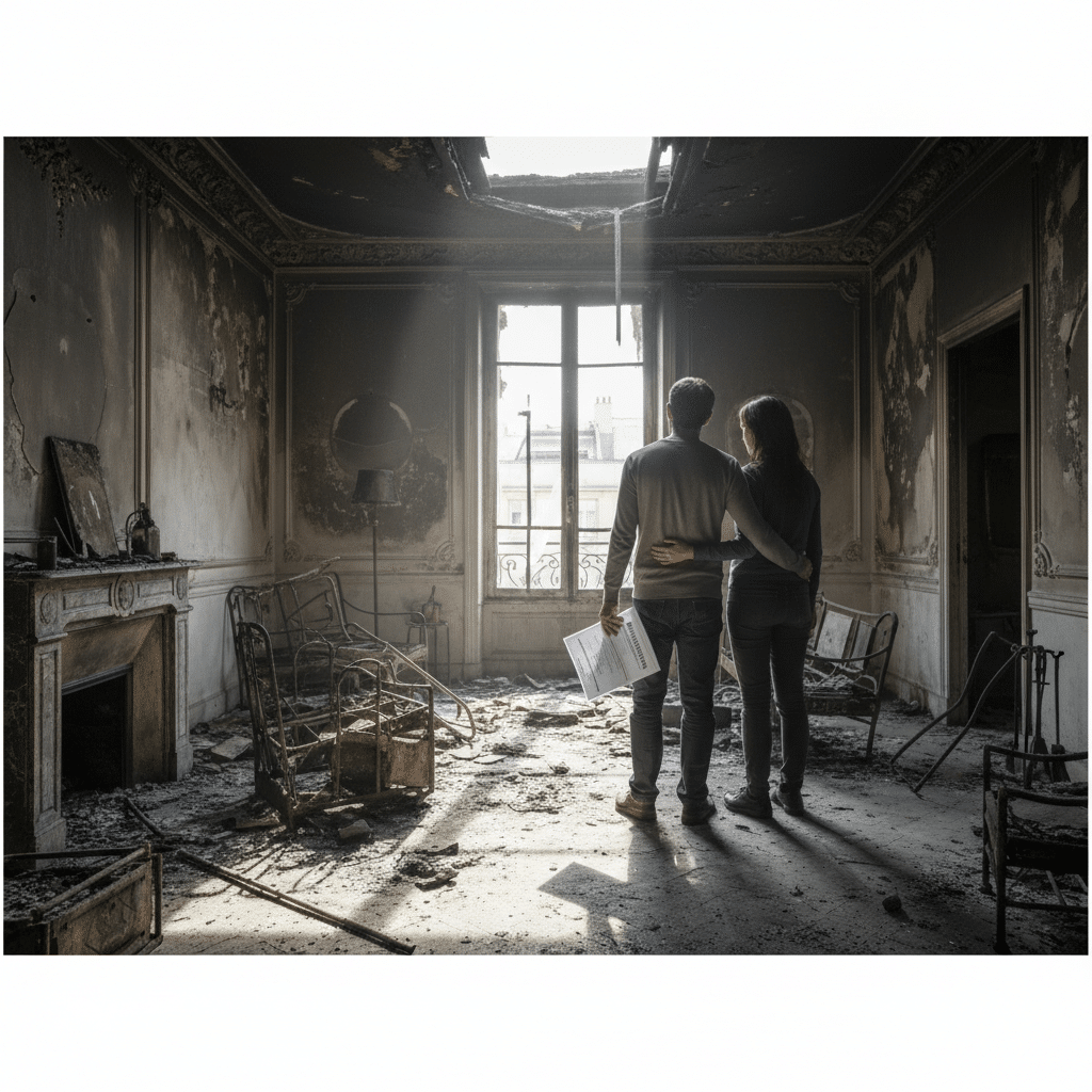 Couple consultant des documents d'assurance après un incendie