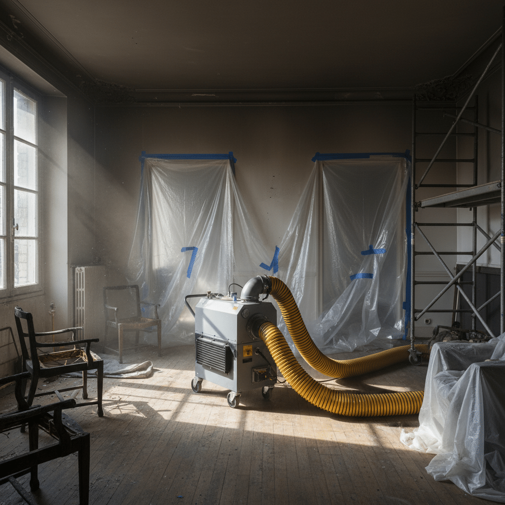 Machine de filtration d'air installée pour décontamination post-incendie