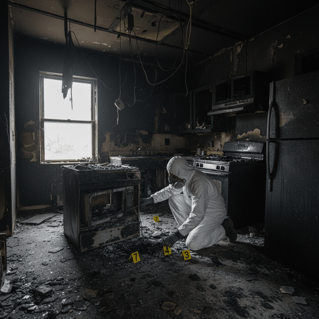 Enquêteur incendie examinant un point de départ près d'une cuisinière