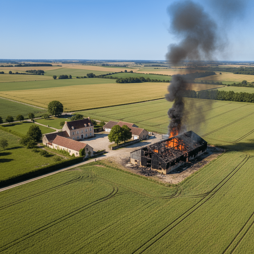 Vue aérienne d'une exploitation agricole avec grange incendiée