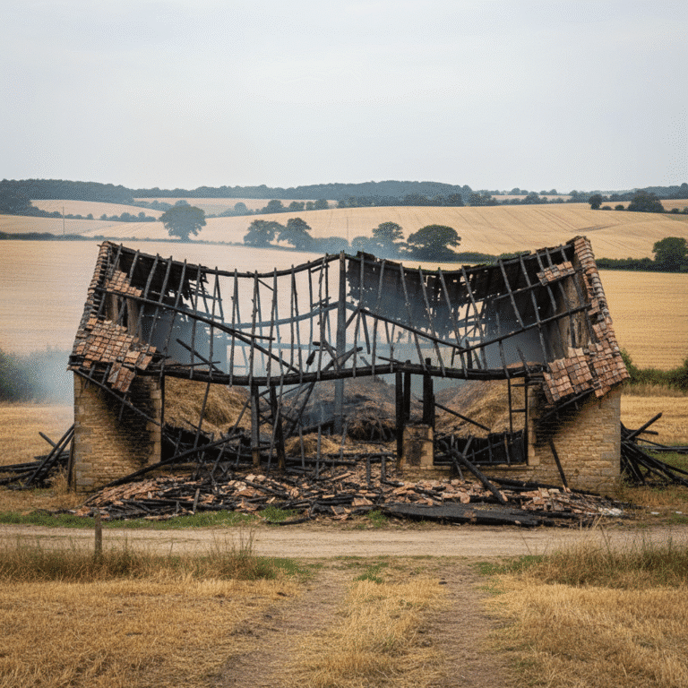 Grange endommagée par un incendie, analyse post-incendie par expert RCCI Fire Forensic