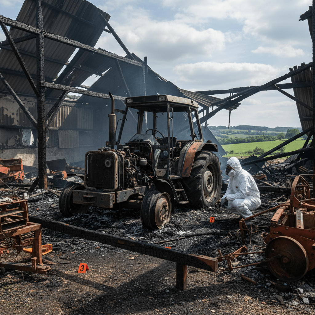 Expert incendie examinant un tracteur brûlé dans une grange