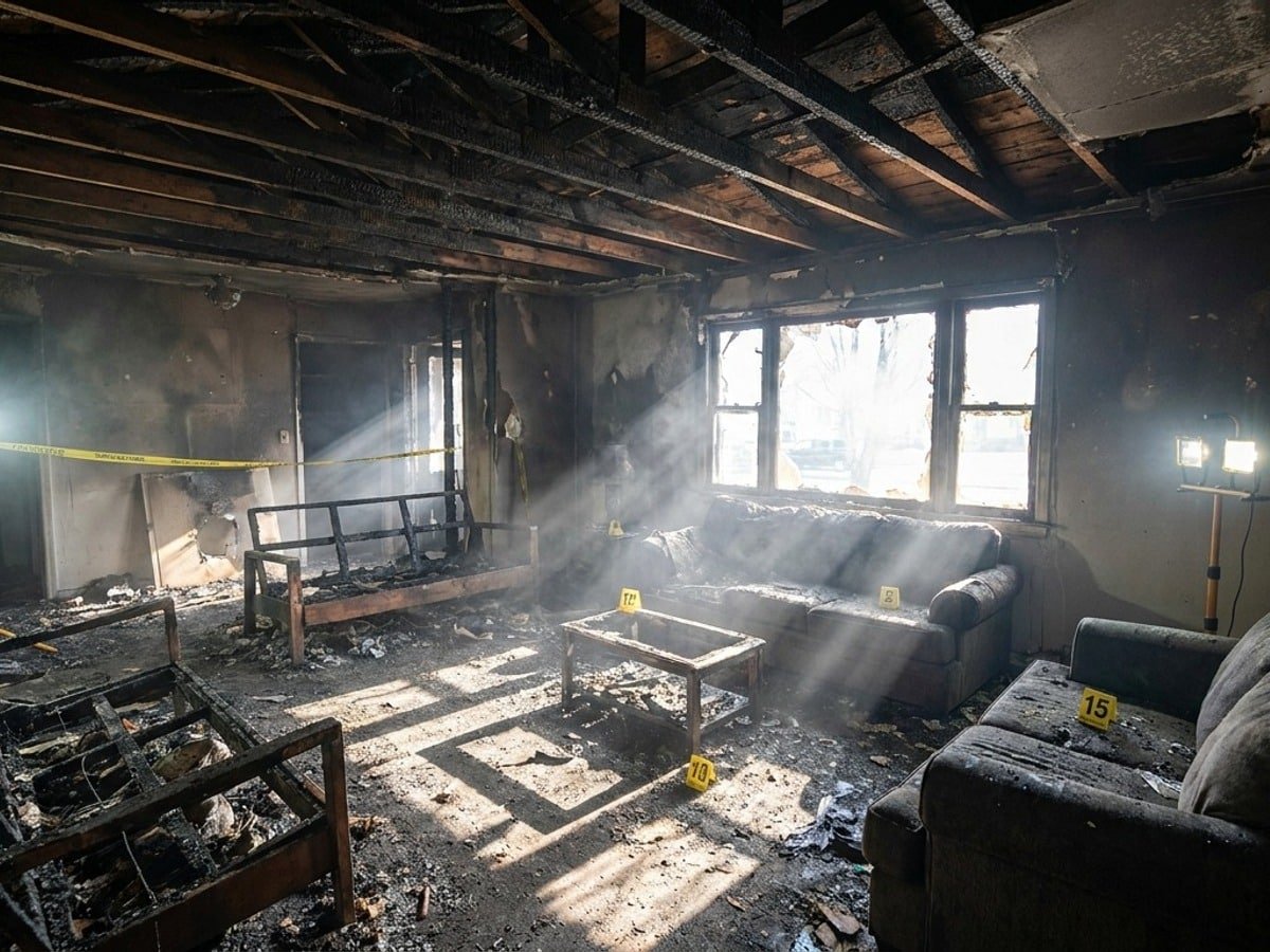 Vestiges après un incendie déclenché par auto-échauffement d'une matière stockée