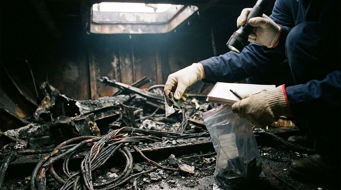 Expert prélevant des indices dans la cale d'un navire après incendie