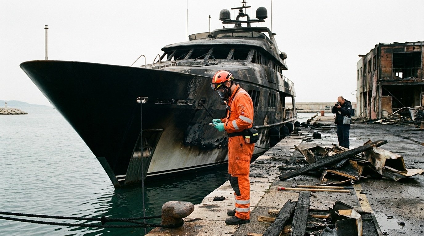 Expert incendie examinant la coque calcinée d'un yacht après sinistre