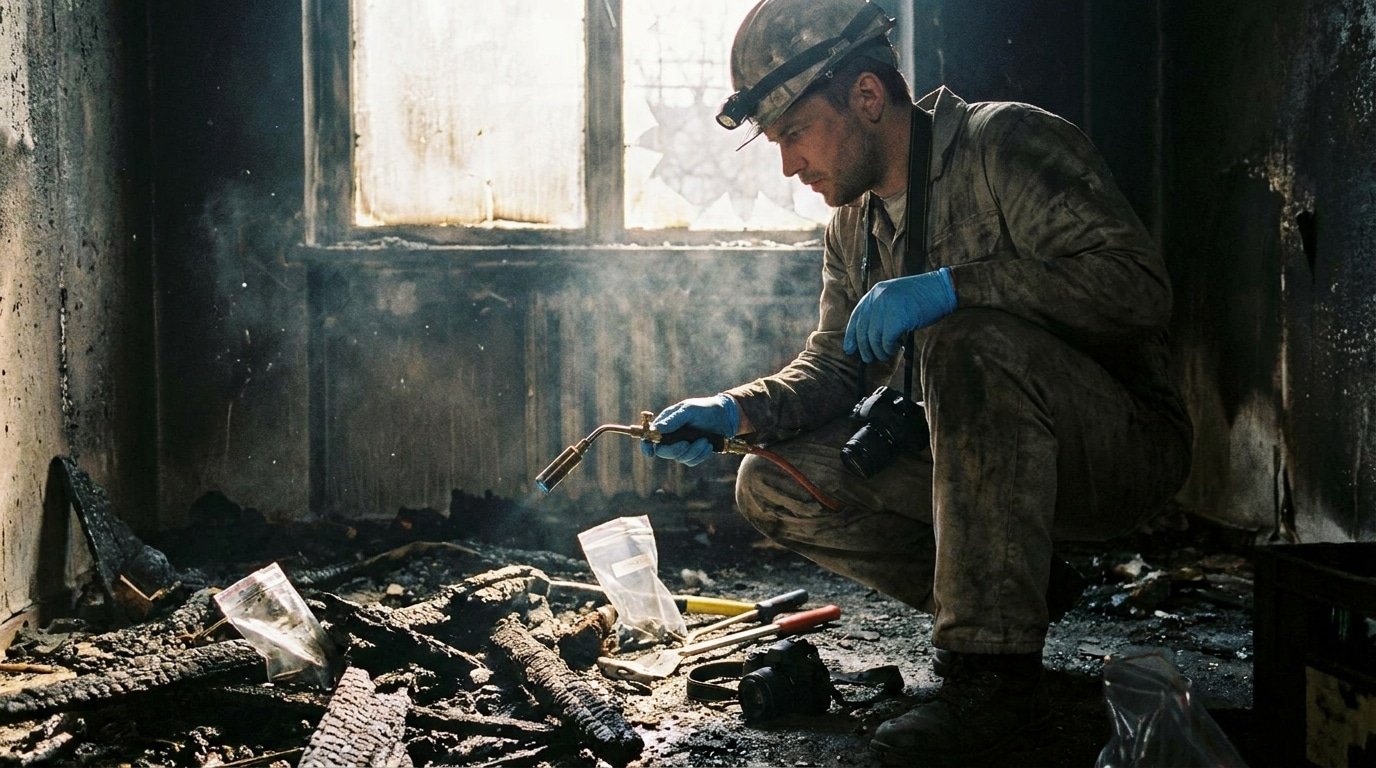 Expert en investigation incendie examinant des débris carbonisés sur une scène sinistrée