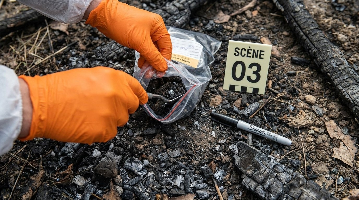 Prélèvement et mise sous scellé d'un échantillon sur une scène d'incendie