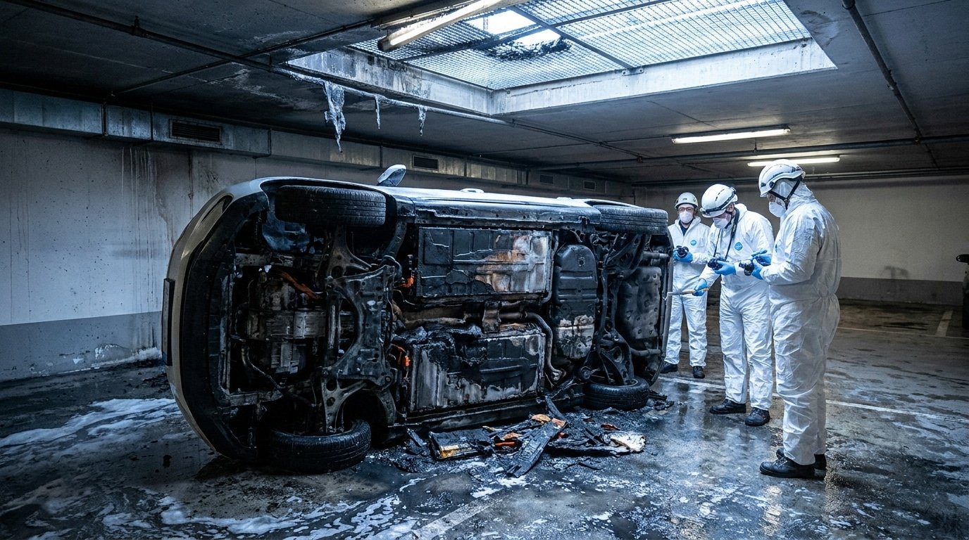 Véhicule électrique calciné examiné lors d'une expertise incendie