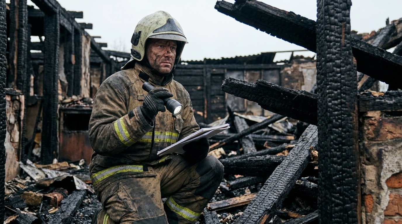 Expert incendie certifié examinant les vestiges d'un sinistre lors d'une investigation d'origine et cause