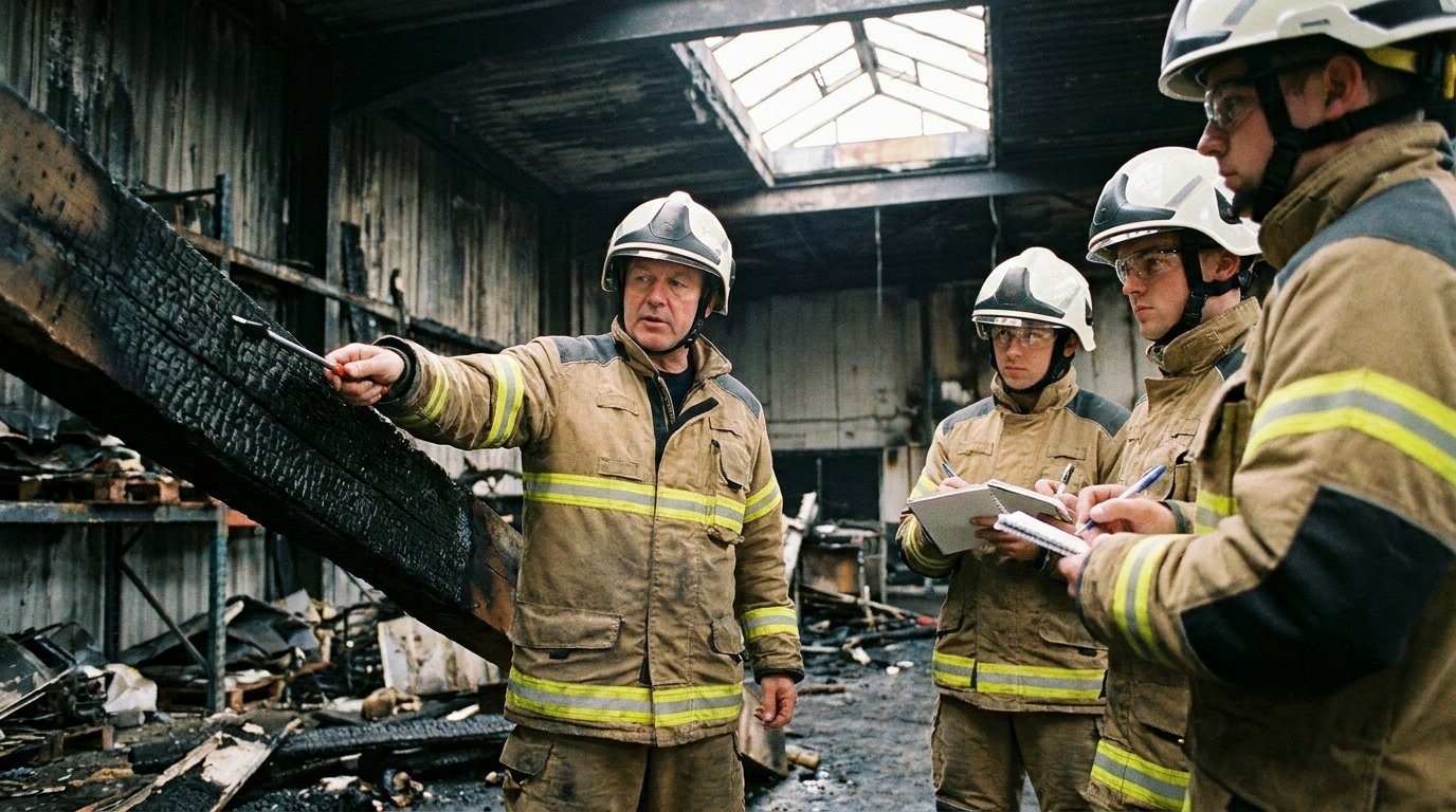 Formateur en investigation incendie encadrant des stagiaires sur une scène d'analyse post-sinistre