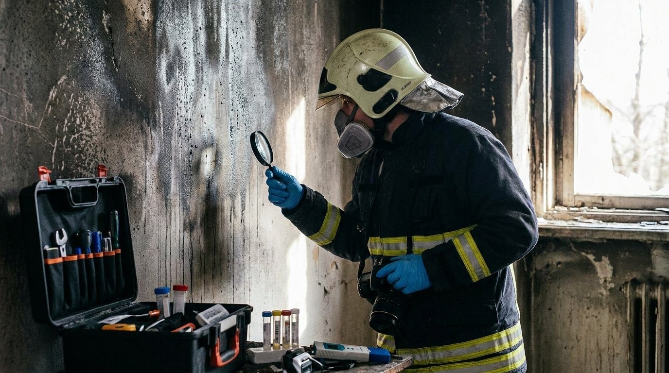 Expert incendie analysant les dépôts de suie comme indices de propagation