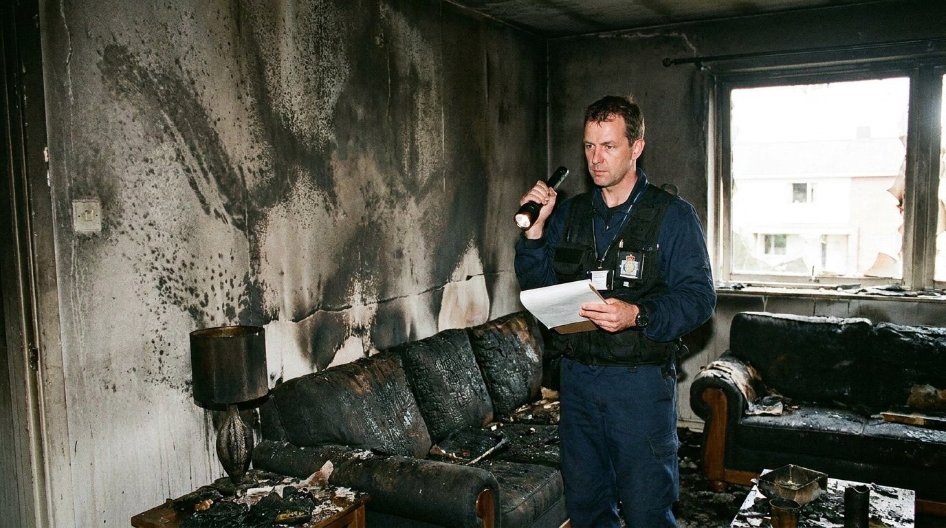 Expert incendie examinant les traces de propagation dans une habitation sinistrée