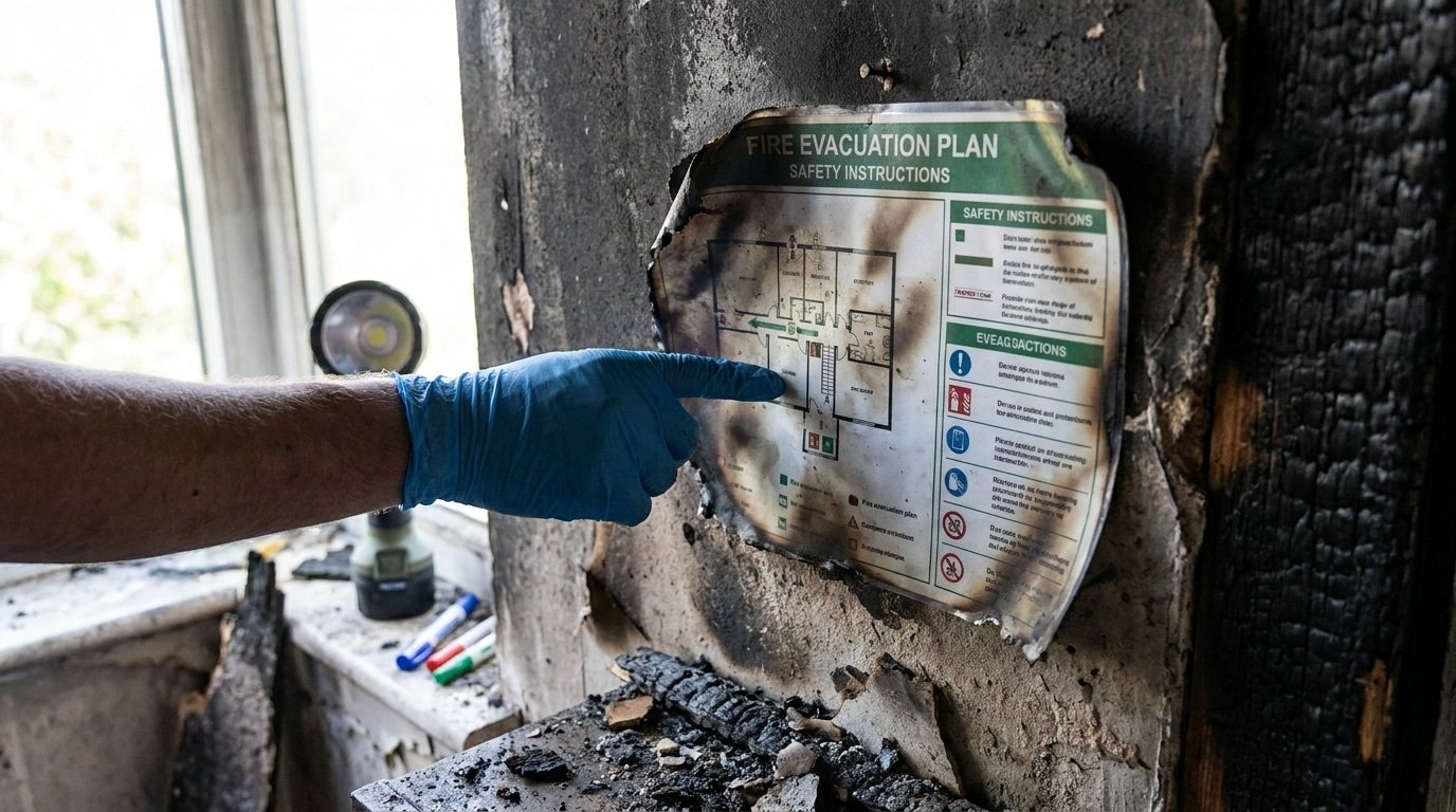 Expert examinant une consigne incendie noircie par la fumée après un sinistre