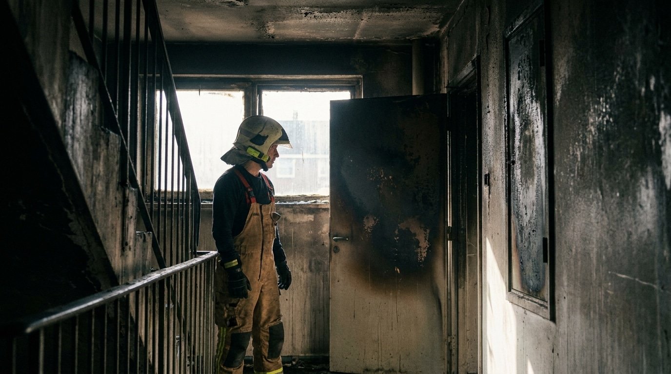 Expert incendie inspectant les parties communes noircies d'un immeuble d'habitation après sinistre