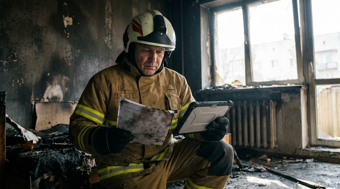 Expert incendie indépendant analysant un dossier de contre-expertise dans un logement sinistré