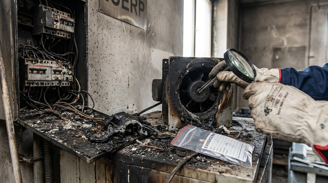 Expert examinant un tableau électrique et un désenfumage endommagés dans un ERP après incendie