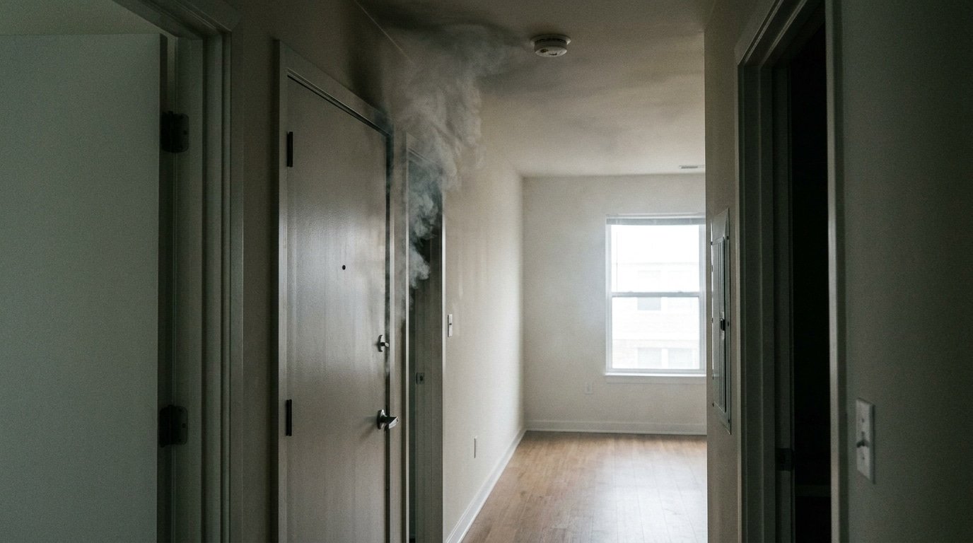 Fumée s'échappant sous une porte dans un couloir d'habitation avec détecteur au plafond
