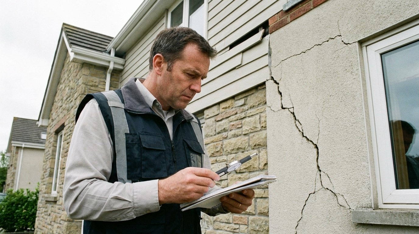 Expert examinant une fissure sur une façade après un sinistre catastrophe naturelle