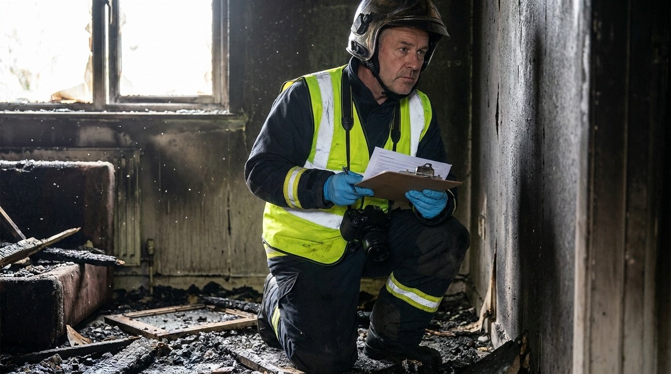 Expert incendie examinant une habitation sinistrée pour évaluer l'indemnisation