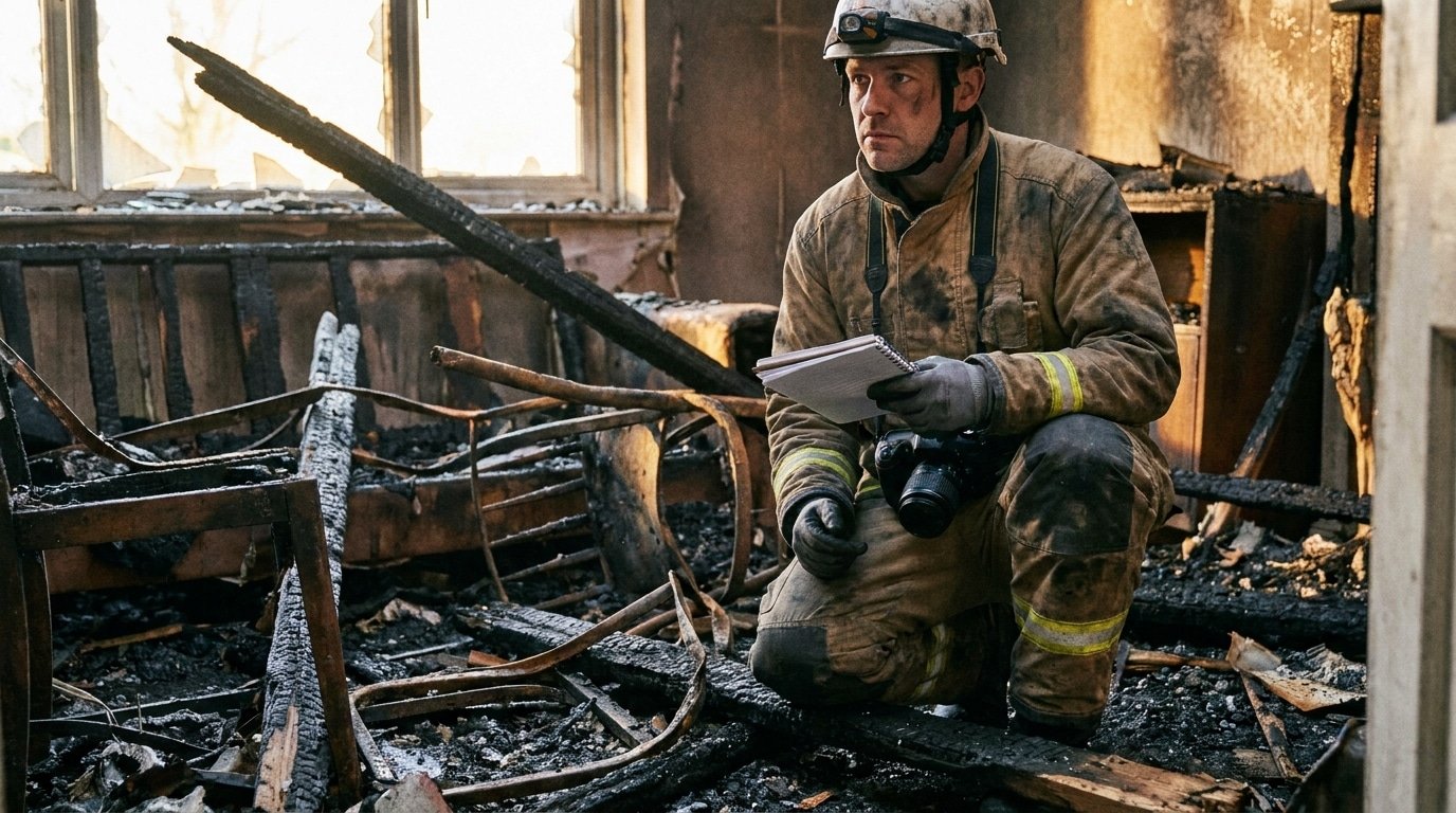 Expert incendie examinant des débris carbonisés lors d'une investigation après sinistre