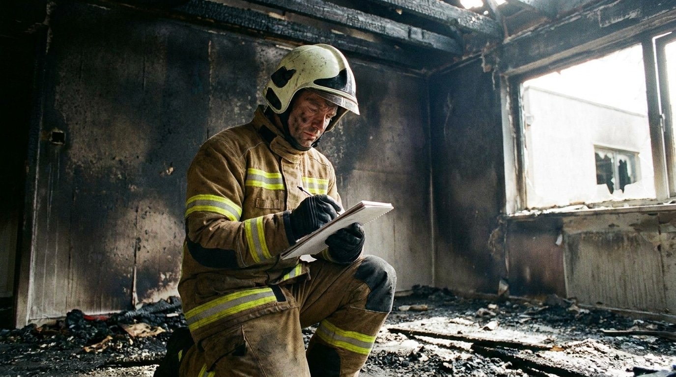 Expert examinant la zone de départ d'un incendie dans une pièce calcinée avant expertise