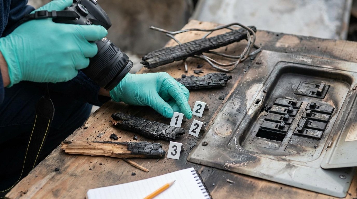 Documentation photographique méthodique des débris et indices après un incendie