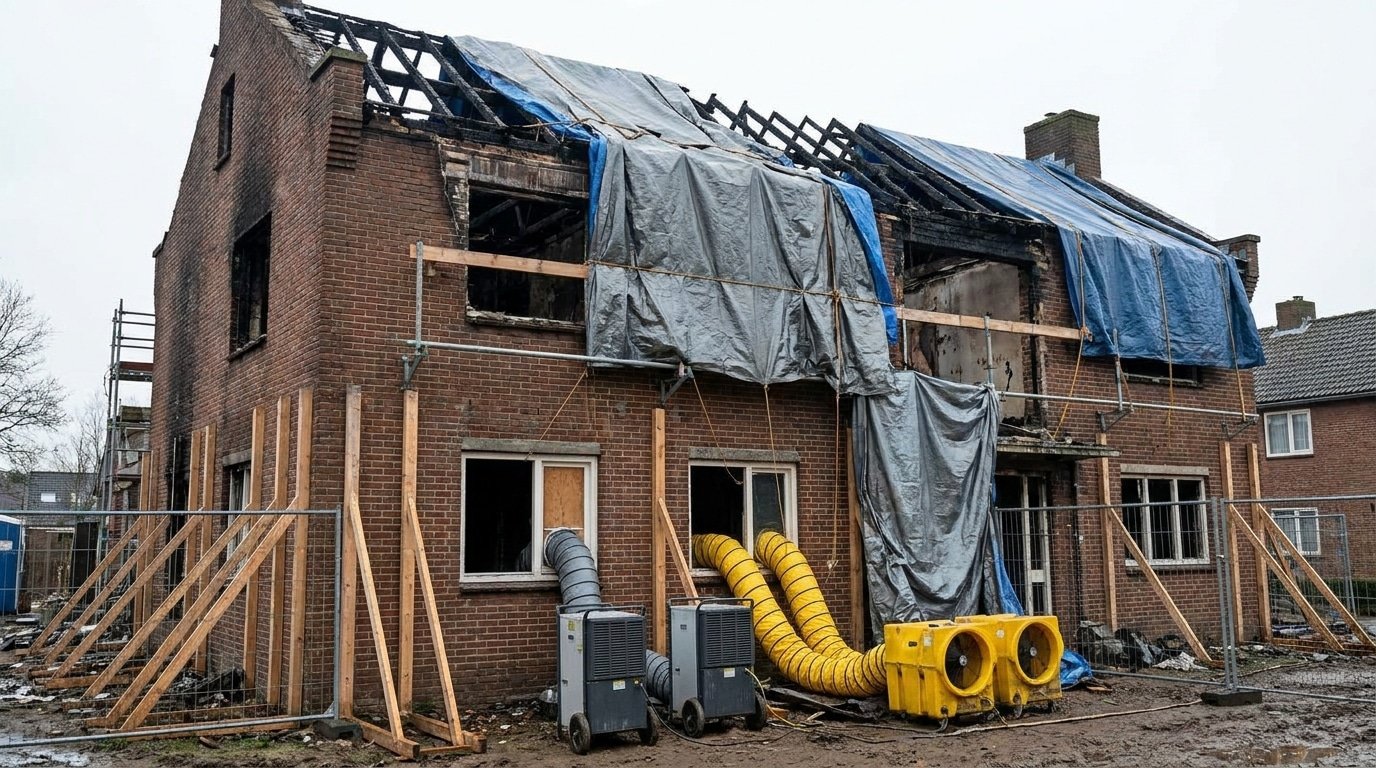 Bâchage et assèchement d'un bâtiment incendié pour sécuriser le site après sinistre